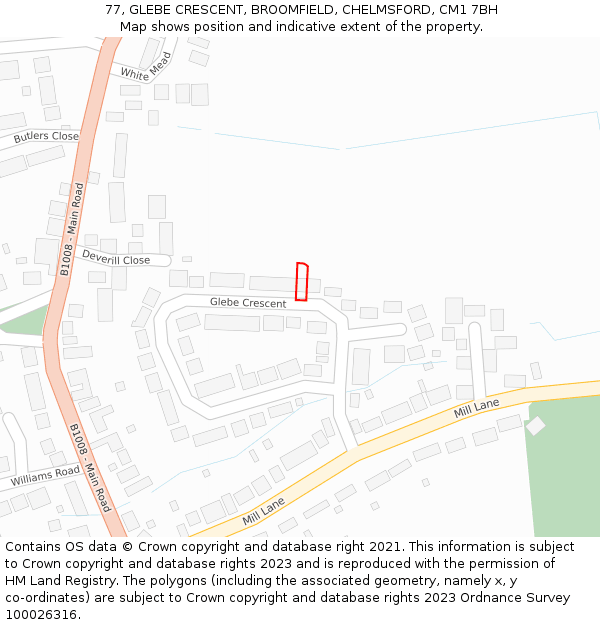 77, GLEBE CRESCENT, BROOMFIELD, CHELMSFORD, CM1 7BH: Location map and indicative extent of plot