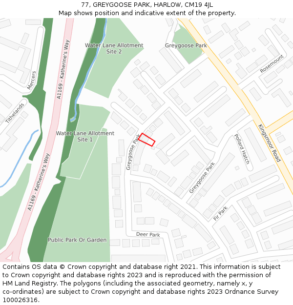 77, GREYGOOSE PARK, HARLOW, CM19 4JL: Location map and indicative extent of plot