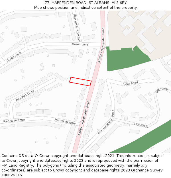 77, HARPENDEN ROAD, ST ALBANS, AL3 6BY: Location map and indicative extent of plot