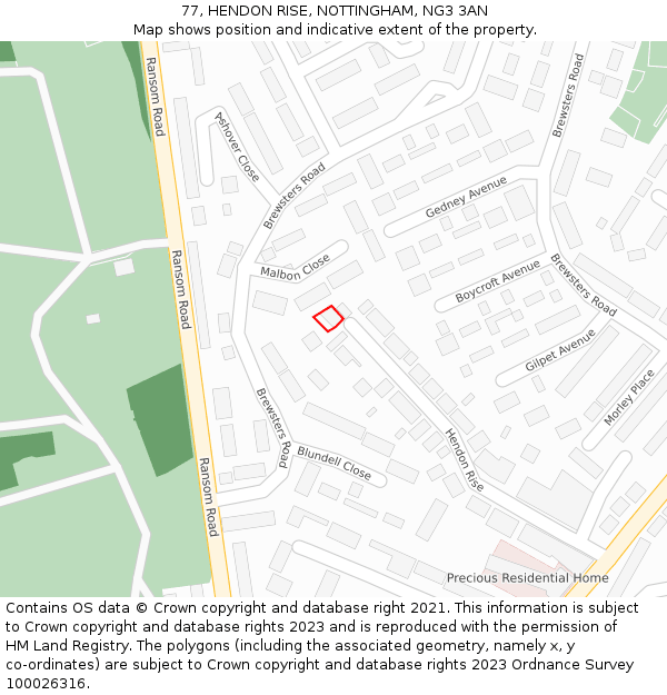 77, HENDON RISE, NOTTINGHAM, NG3 3AN: Location map and indicative extent of plot