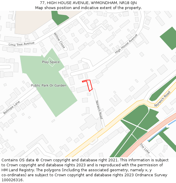 77, HIGH HOUSE AVENUE, WYMONDHAM, NR18 0JN: Location map and indicative extent of plot