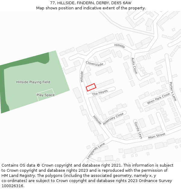 77, HILLSIDE, FINDERN, DERBY, DE65 6AW: Location map and indicative extent of plot