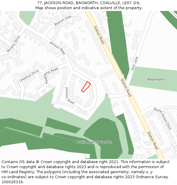 77, JACKSON ROAD, BAGWORTH, COALVILLE, LE67 1HL: Location map and indicative extent of plot