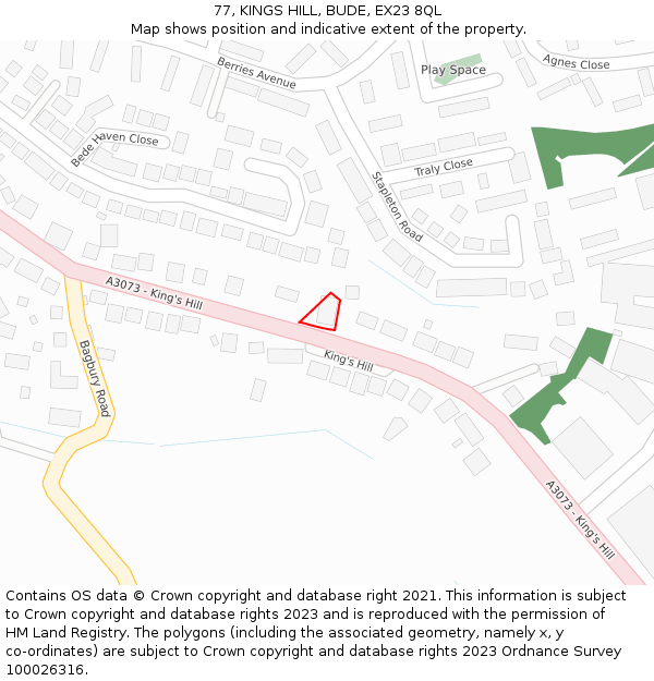 77, KINGS HILL, BUDE, EX23 8QL: Location map and indicative extent of plot