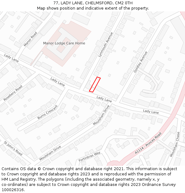 77, LADY LANE, CHELMSFORD, CM2 0TH: Location map and indicative extent of plot