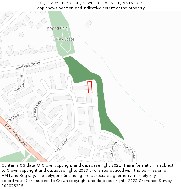 77, LEARY CRESCENT, NEWPORT PAGNELL, MK16 9GB: Location map and indicative extent of plot