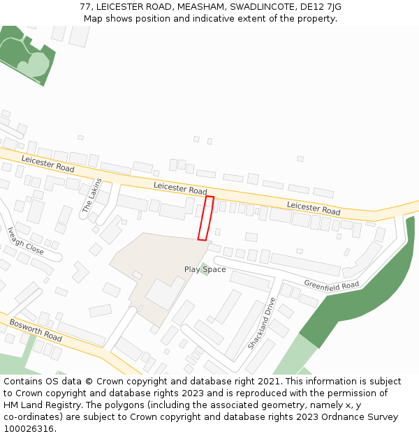 77, LEICESTER ROAD, MEASHAM, SWADLINCOTE, DE12 7JG: Location map and indicative extent of plot