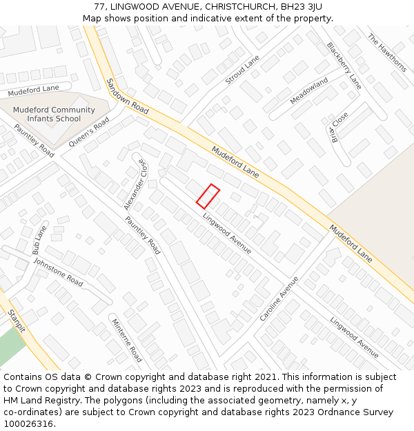 77, LINGWOOD AVENUE, CHRISTCHURCH, BH23 3JU: Location map and indicative extent of plot