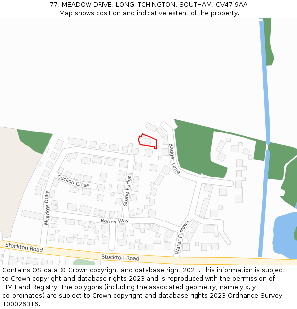 77, MEADOW DRIVE, LONG ITCHINGTON, SOUTHAM, CV47 9AA: Location map and indicative extent of plot