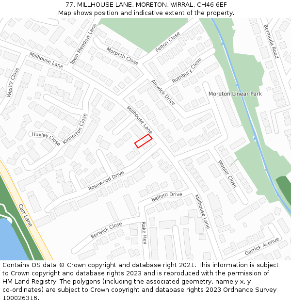 77, MILLHOUSE LANE, MORETON, WIRRAL, CH46 6EF: Location map and indicative extent of plot