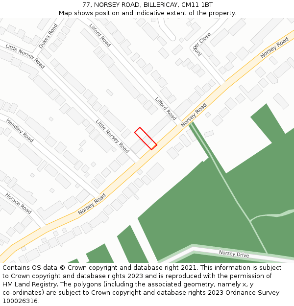 77, NORSEY ROAD, BILLERICAY, CM11 1BT: Location map and indicative extent of plot
