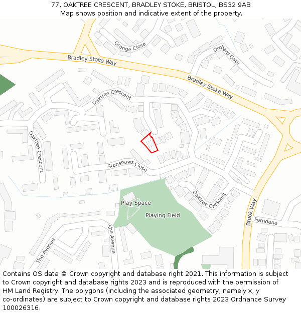 77, OAKTREE CRESCENT, BRADLEY STOKE, BRISTOL, BS32 9AB: Location map and indicative extent of plot