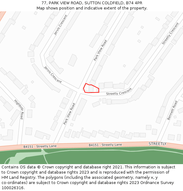 77, PARK VIEW ROAD, SUTTON COLDFIELD, B74 4PR: Location map and indicative extent of plot