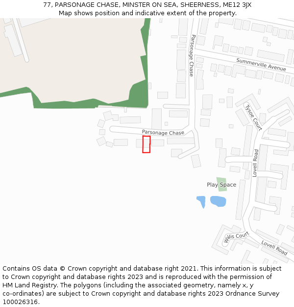 77, PARSONAGE CHASE, MINSTER ON SEA, SHEERNESS, ME12 3JX: Location map and indicative extent of plot