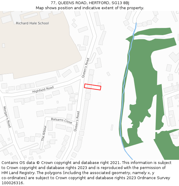 77, QUEENS ROAD, HERTFORD, SG13 8BJ: Location map and indicative extent of plot