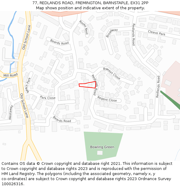 77, REDLANDS ROAD, FREMINGTON, BARNSTAPLE, EX31 2PP: Location map and indicative extent of plot