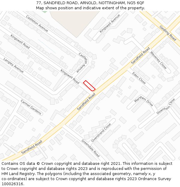 77, SANDFIELD ROAD, ARNOLD, NOTTINGHAM, NG5 6QF: Location map and indicative extent of plot