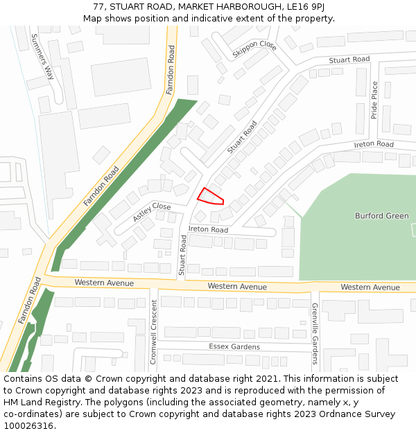 77, STUART ROAD, MARKET HARBOROUGH, LE16 9PJ: Location map and indicative extent of plot