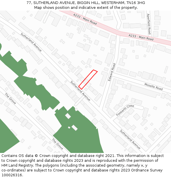 77, SUTHERLAND AVENUE, BIGGIN HILL, WESTERHAM, TN16 3HG: Location map and indicative extent of plot