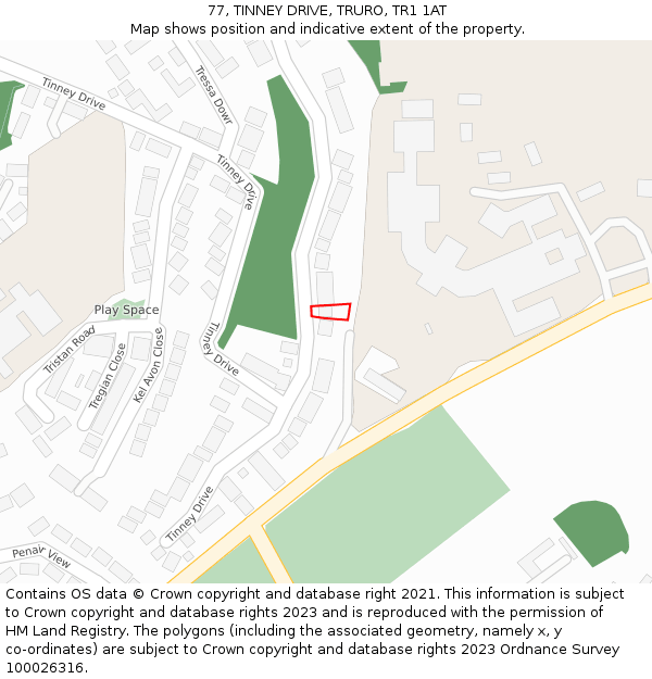 77, TINNEY DRIVE, TRURO, TR1 1AT: Location map and indicative extent of plot