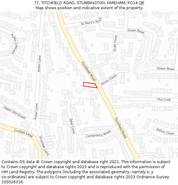 77, TITCHFIELD ROAD, STUBBINGTON, FAREHAM, PO14 2JE: Location map and indicative extent of plot