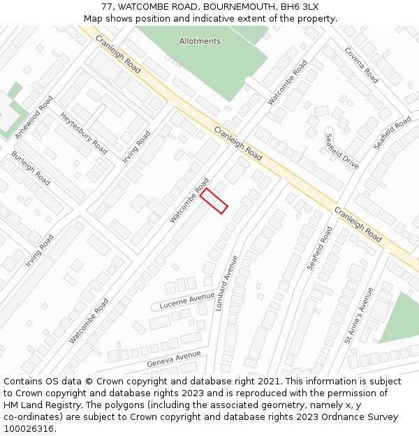 77, WATCOMBE ROAD, BOURNEMOUTH, BH6 3LX: Location map and indicative extent of plot