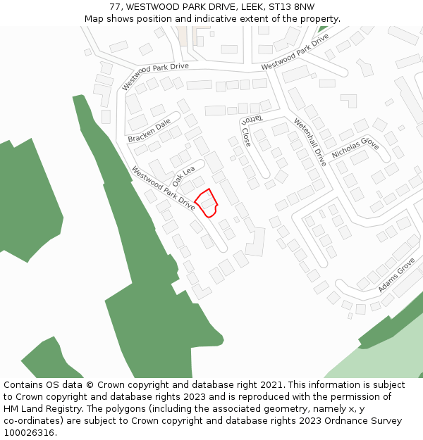 77, WESTWOOD PARK DRIVE, LEEK, ST13 8NW: Location map and indicative extent of plot