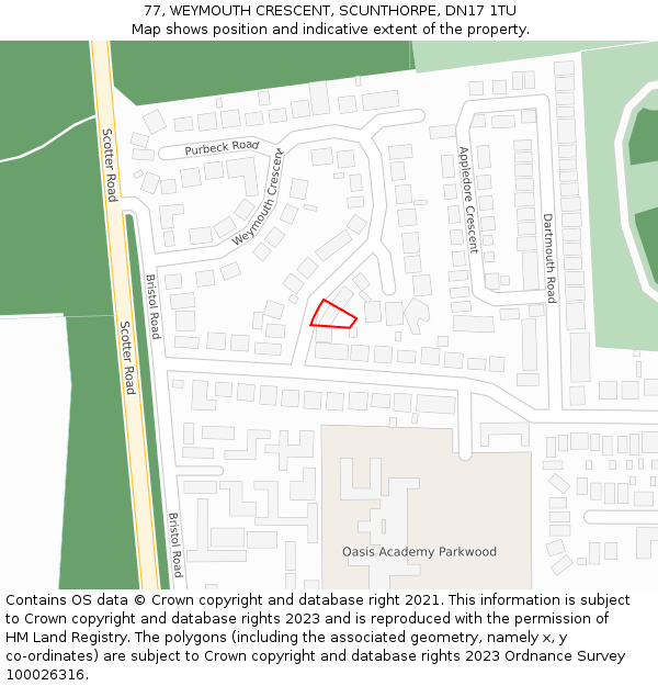 77, WEYMOUTH CRESCENT, SCUNTHORPE, DN17 1TU: Location map and indicative extent of plot