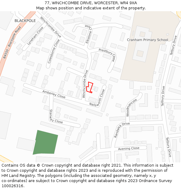 77, WINCHCOMBE DRIVE, WORCESTER, WR4 9XA: Location map and indicative extent of plot