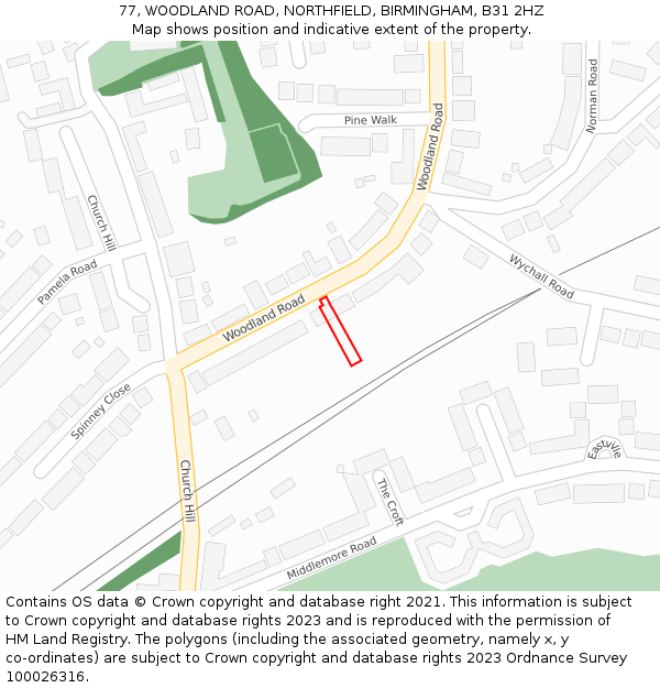 77, WOODLAND ROAD, NORTHFIELD, BIRMINGHAM, B31 2HZ: Location map and indicative extent of plot