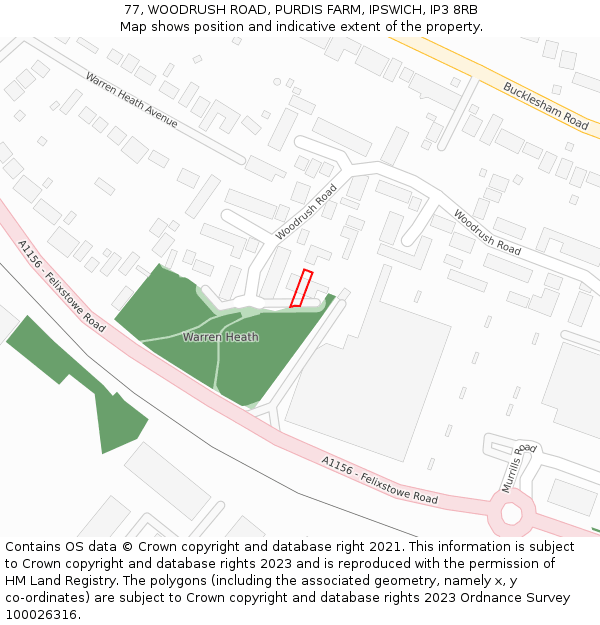 77, WOODRUSH ROAD, PURDIS FARM, IPSWICH, IP3 8RB: Location map and indicative extent of plot