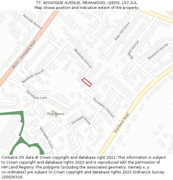 77, WOODSIDE AVENUE, MEANWOOD, LEEDS, LS7 2UL: Location map and indicative extent of plot
