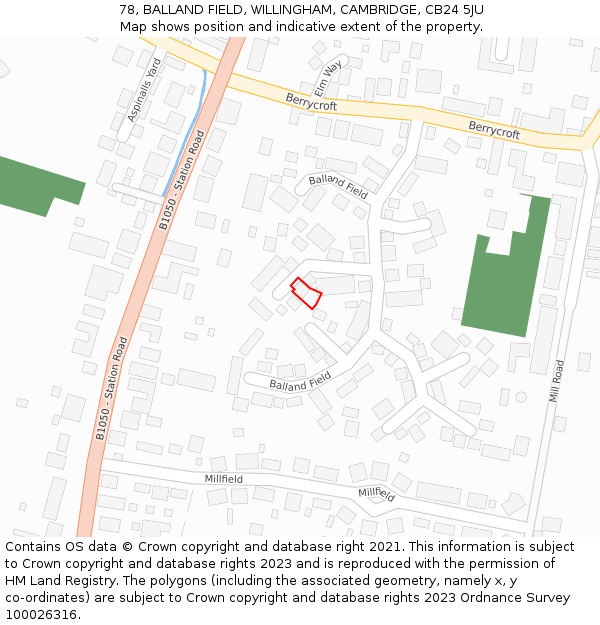 78, BALLAND FIELD, WILLINGHAM, CAMBRIDGE, CB24 5JU: Location map and indicative extent of plot