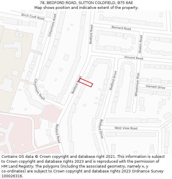 78, BEDFORD ROAD, SUTTON COLDFIELD, B75 6AE: Location map and indicative extent of plot