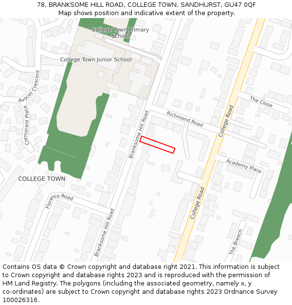 78, BRANKSOME HILL ROAD, COLLEGE TOWN, SANDHURST, GU47 0QF: Location map and indicative extent of plot
