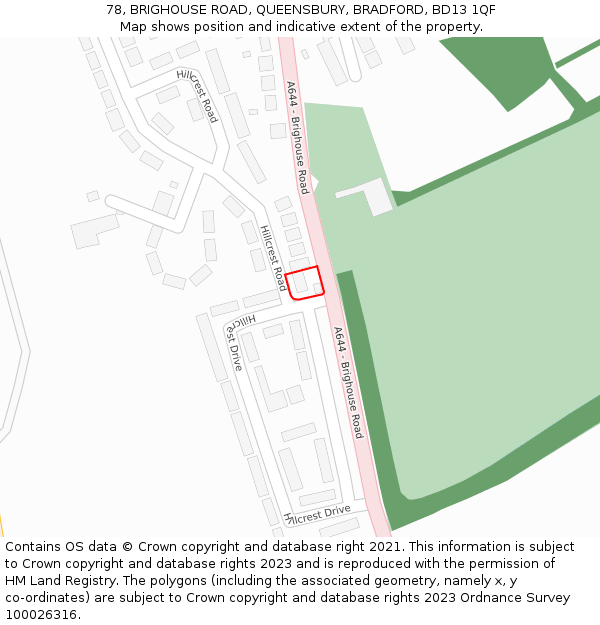 78, BRIGHOUSE ROAD, QUEENSBURY, BRADFORD, BD13 1QF: Location map and indicative extent of plot