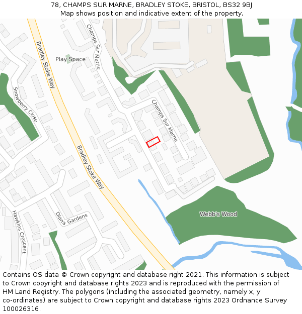 78, CHAMPS SUR MARNE, BRADLEY STOKE, BRISTOL, BS32 9BJ: Location map and indicative extent of plot