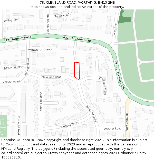 78, CLEVELAND ROAD, WORTHING, BN13 2HE: Location map and indicative extent of plot