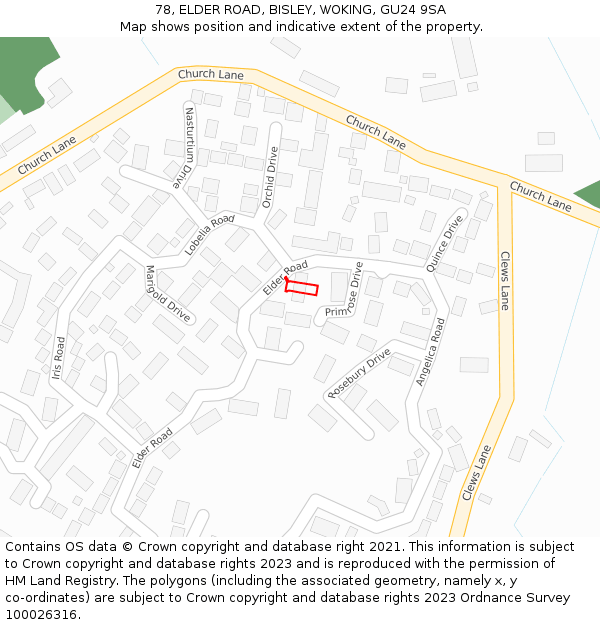 78, ELDER ROAD, BISLEY, WOKING, GU24 9SA: Location map and indicative extent of plot