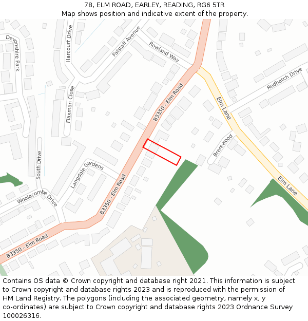 78, ELM ROAD, EARLEY, READING, RG6 5TR: Location map and indicative extent of plot
