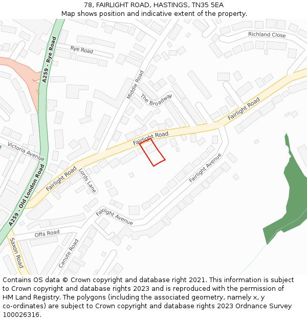 78, FAIRLIGHT ROAD, HASTINGS, TN35 5EA: Location map and indicative extent of plot