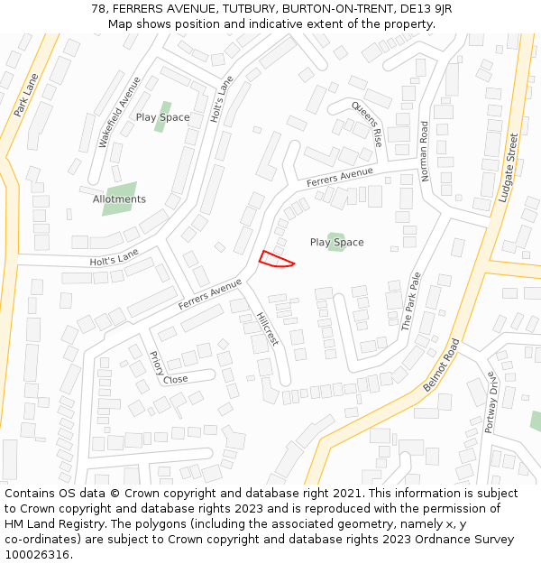 78, FERRERS AVENUE, TUTBURY, BURTON-ON-TRENT, DE13 9JR: Location map and indicative extent of plot