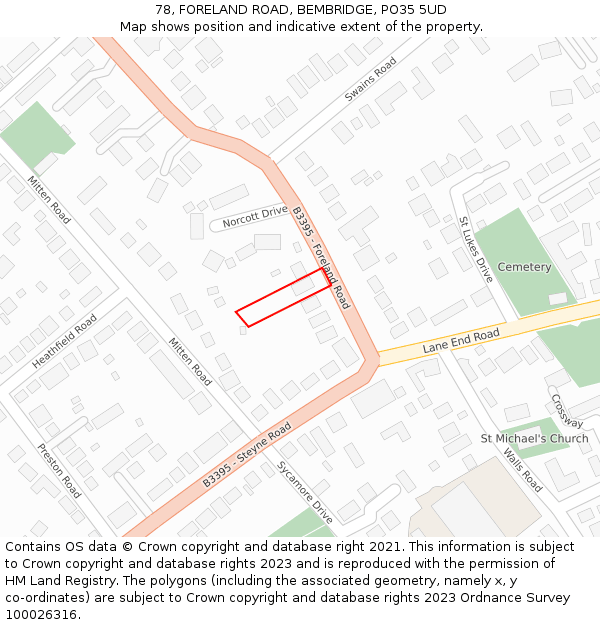 78, FORELAND ROAD, BEMBRIDGE, PO35 5UD: Location map and indicative extent of plot