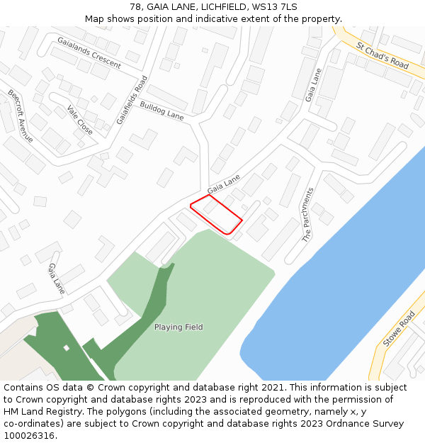 78, GAIA LANE, LICHFIELD, WS13 7LS: Location map and indicative extent of plot