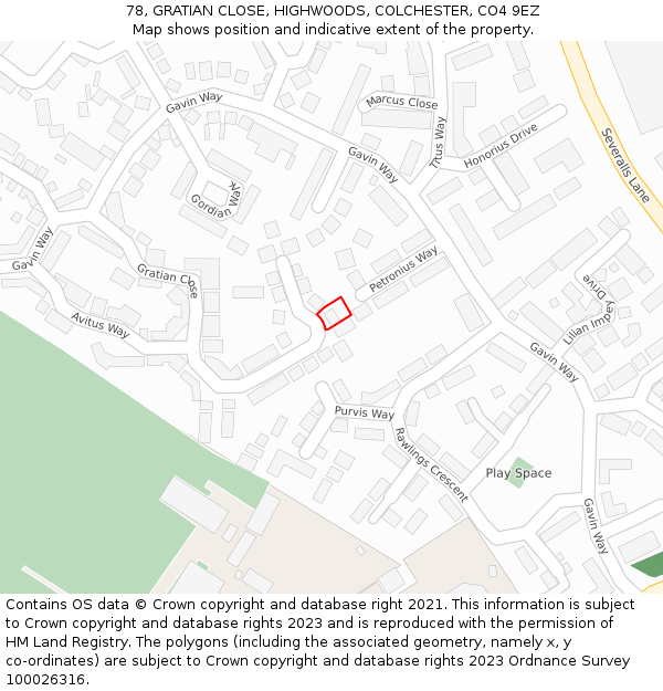 78, GRATIAN CLOSE, HIGHWOODS, COLCHESTER, CO4 9EZ: Location map and indicative extent of plot