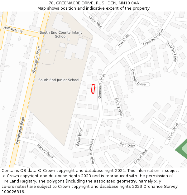 78, GREENACRE DRIVE, RUSHDEN, NN10 0XA: Location map and indicative extent of plot