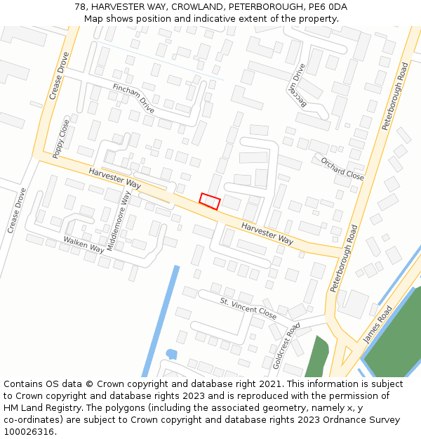 78, HARVESTER WAY, CROWLAND, PETERBOROUGH, PE6 0DA: Location map and indicative extent of plot
