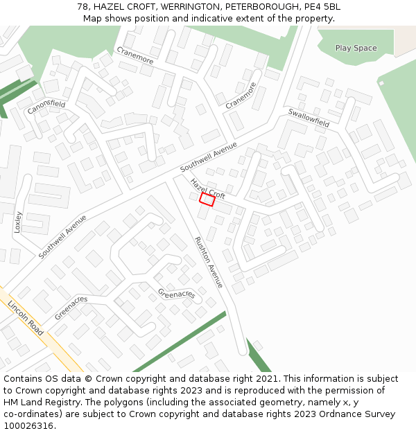 78, HAZEL CROFT, WERRINGTON, PETERBOROUGH, PE4 5BL: Location map and indicative extent of plot