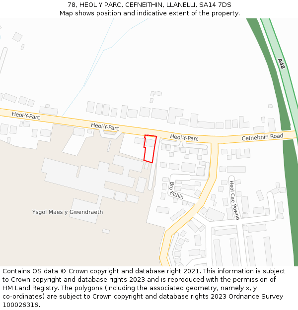 78, HEOL Y PARC, CEFNEITHIN, LLANELLI, SA14 7DS: Location map and indicative extent of plot