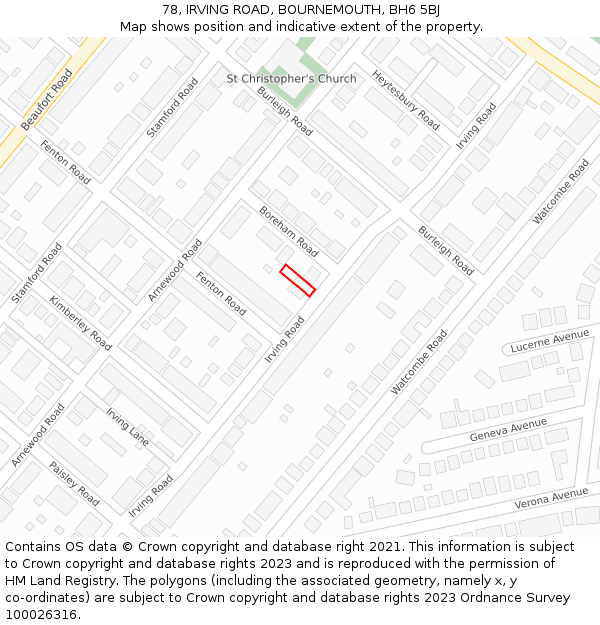 78, IRVING ROAD, BOURNEMOUTH, BH6 5BJ: Location map and indicative extent of plot